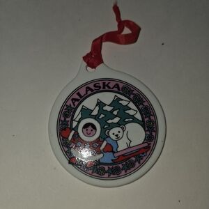 Porcelain Merry Christmas from Alaska, Child & Baby Polar Bear Ornament 1994